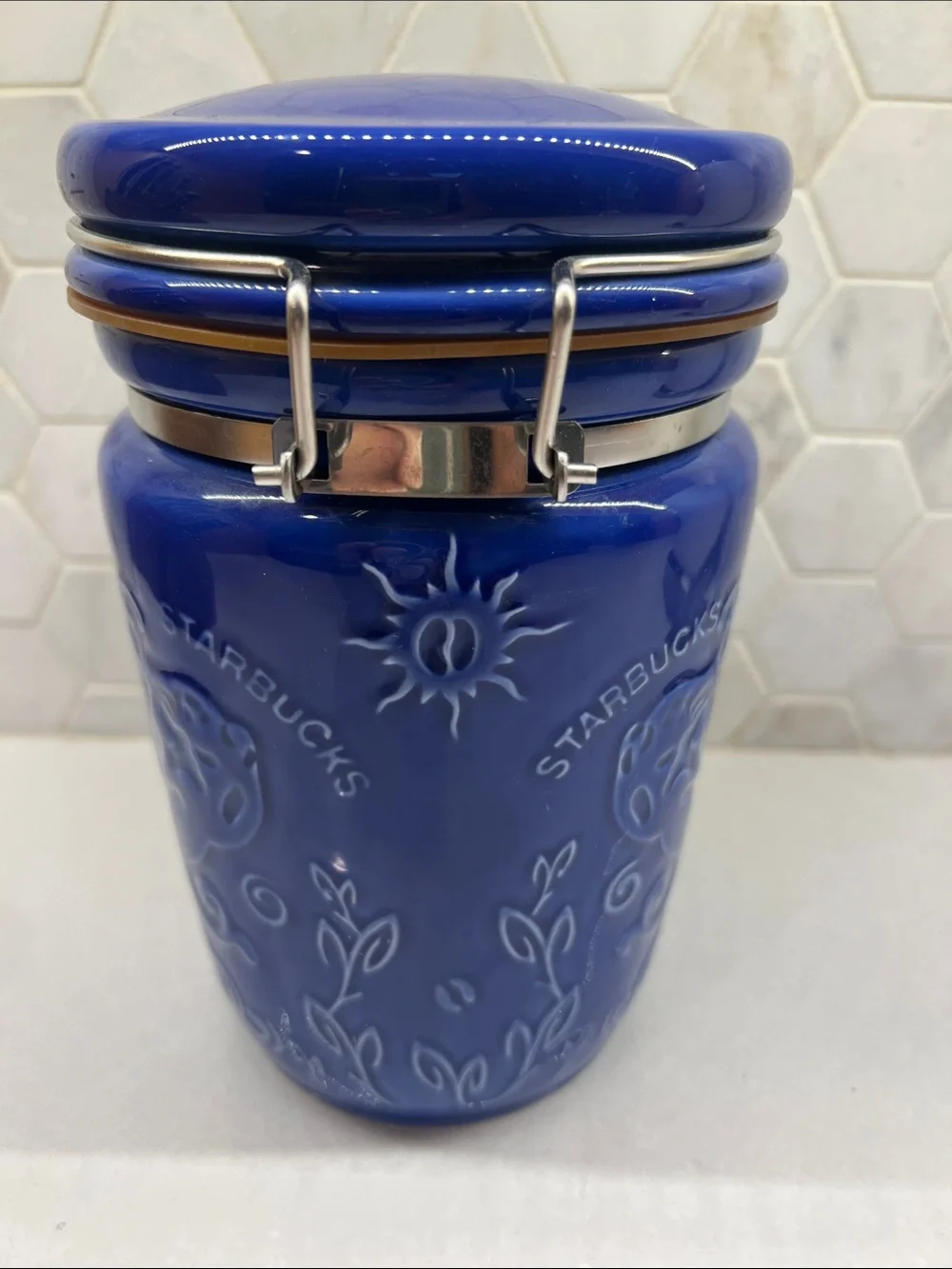 Vintage Cobalt Blue Starbucks Air Lock Coffee Canister Embossed Mermaid Sun